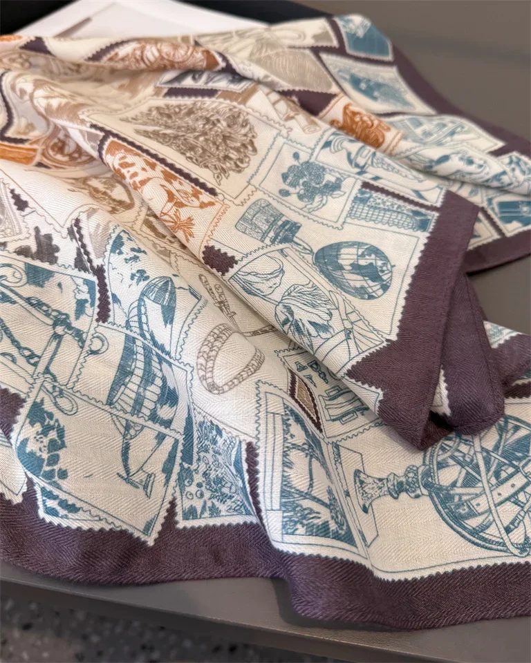 الفاخرة خمر طوابع طباعة وشاح مربع المرأة القطن الكتان الشعور هيرباند منديل التعادل الإناث عقال Foulard #5