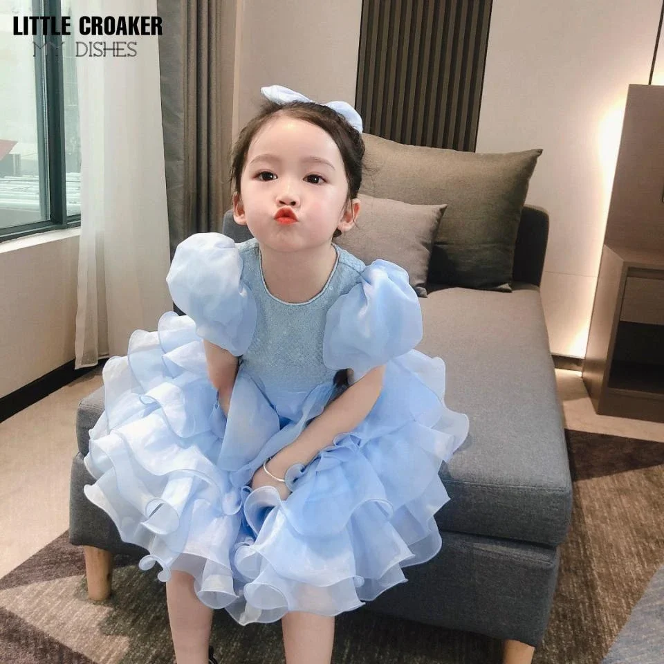 

Cheap Party Clothing Design Sequined Little Girl Prom White Kids Girls Flower Dress Tulle Wedding Ceremony Children Dresses Blue