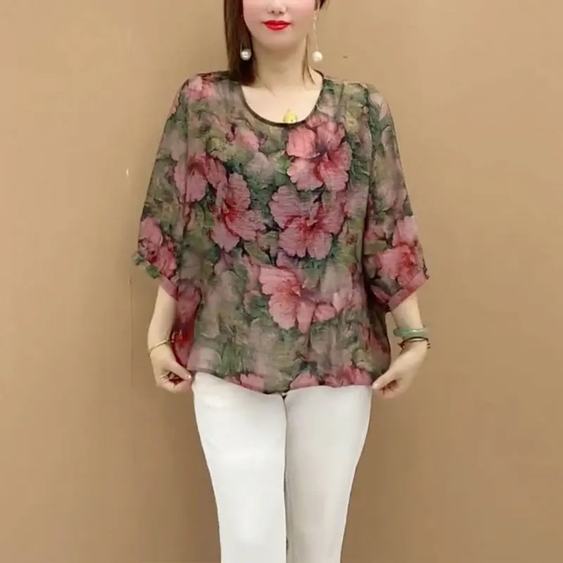 Women\'s Clothing Vintage Loose Shirt Folk Floral Printed Summer Thin Half Sleeve Casual O-Neck Commute Stylish Spliced Blouse