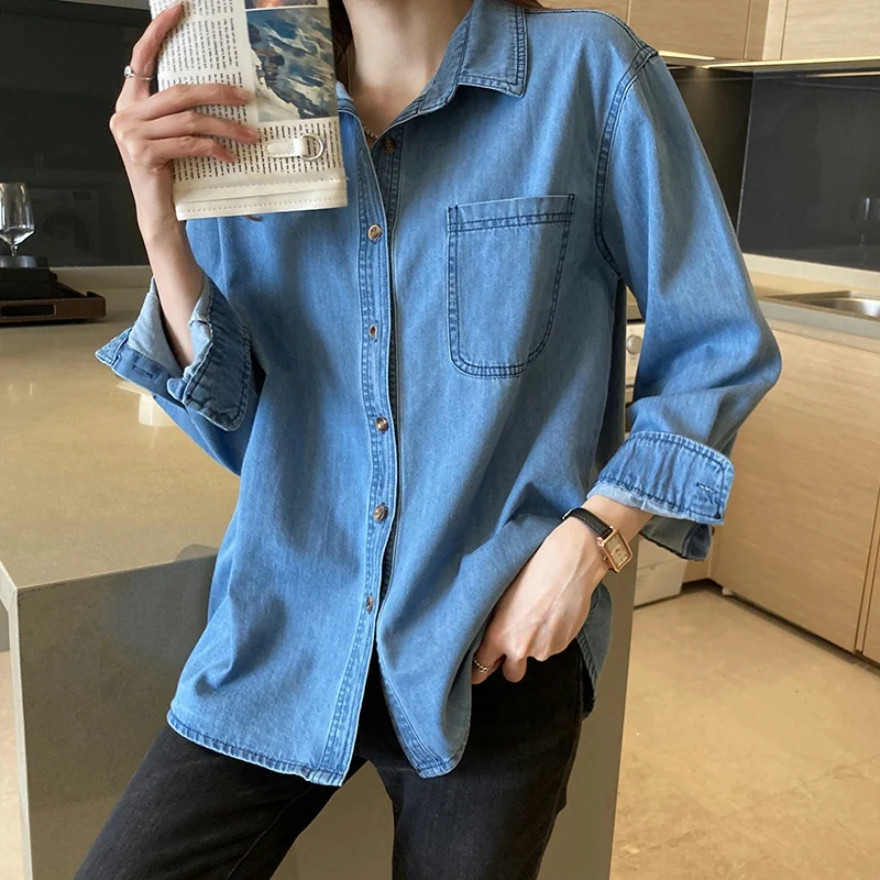 قميص الدنيم الأزرق للنساء ربيع الخريف النمط الأمريكي الجديد جيب الشارع العالي معاطف طويلة الأكمام موضة قمم واحدة الصدر #4