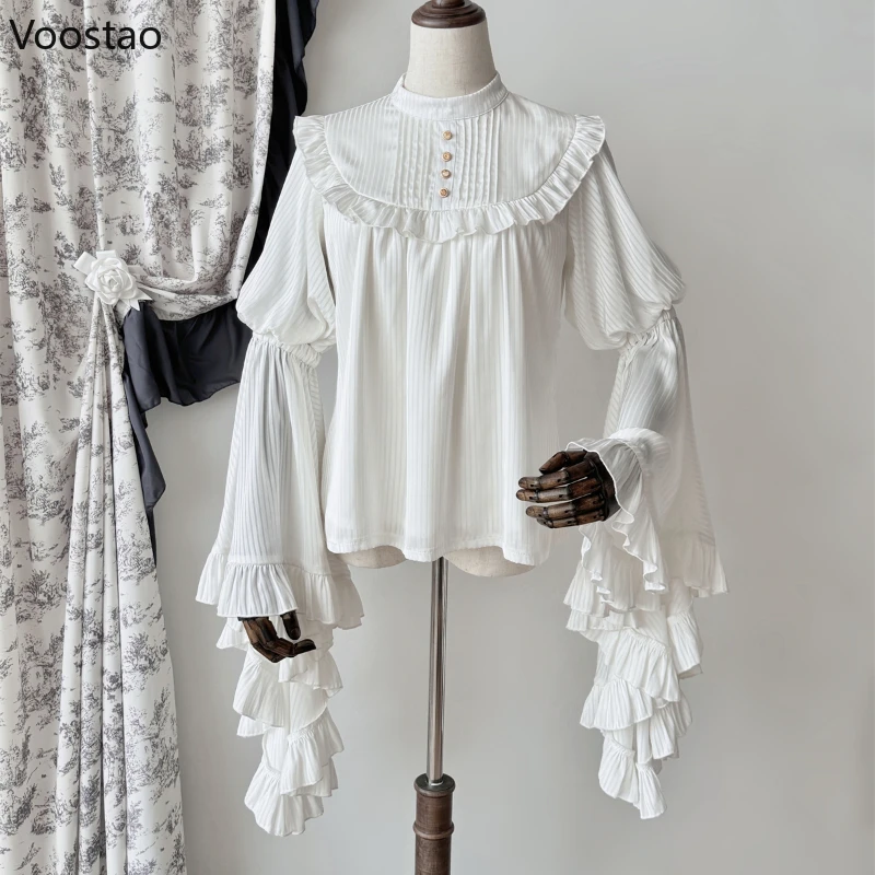 White Victorian Gothic Lolita Style Shirts Women Vintage Elegant Ruffles Long Sleeve Striped Blouses Female Y2k Blusas Mujer Top