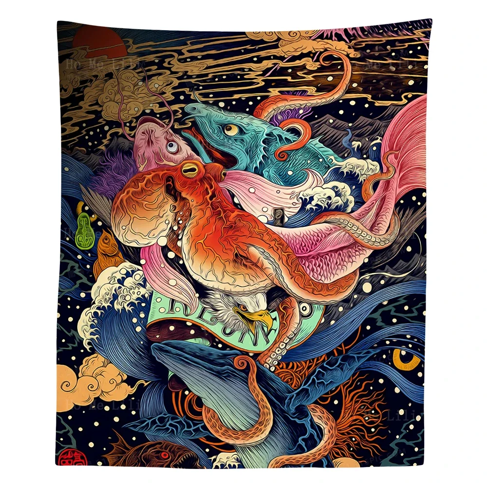 Legendary Creatures Animal Art East Asian Mythology Ukiyo-e Style Tapestry By Ho Me Lili For Livingroom Decor Wall Hanging