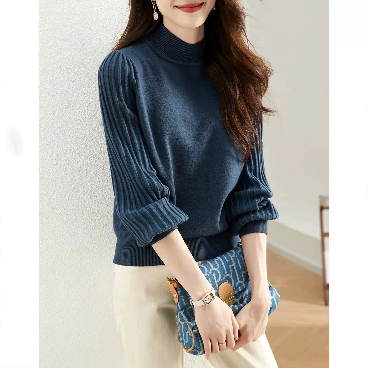 秋冬レディースロングスリーブニットセーターベースirt fハイカラーブランドタグ取り外し済みテールエンドオーダーニュースレ