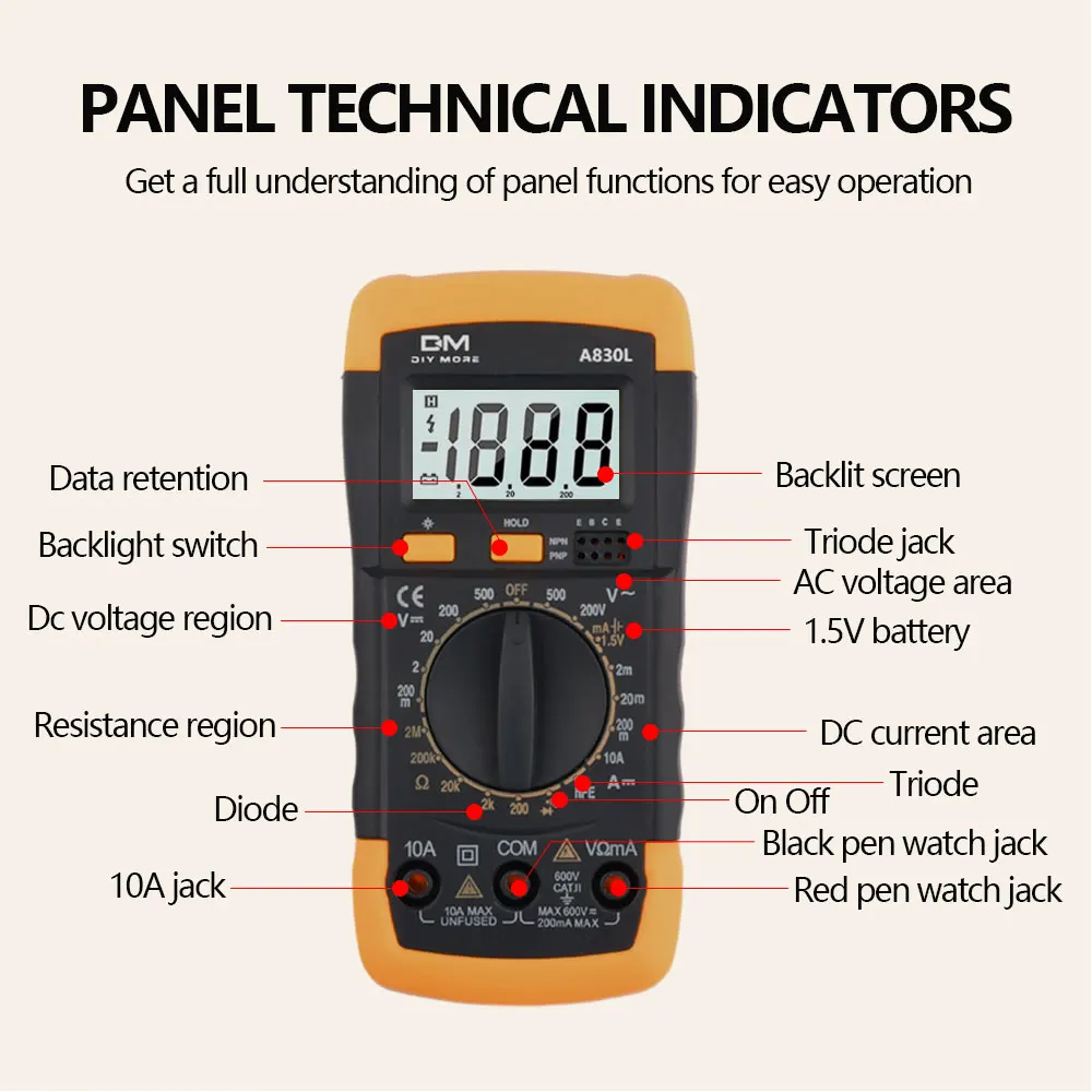 A830L LCD Digital Multimeter AC DC Voltage Diode Freguency Multitester Current Tester Luminous Display with Buzzer Function