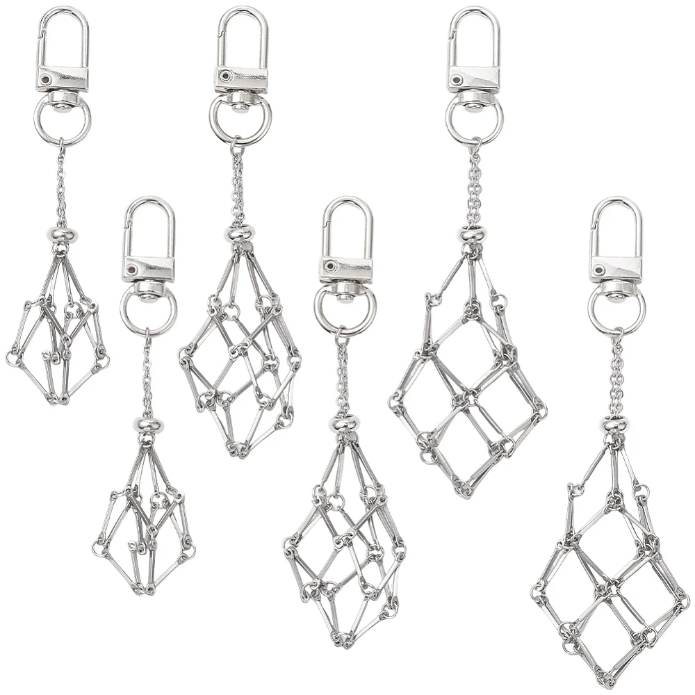 1 Box 6Pcs Stone Holder Keychain Cage Keychains Silver Stainless Steel Swivel Clasps 95mm/105mm/120mm Long Adjustable Stone Cage