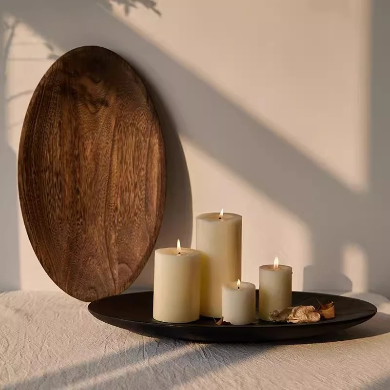 

Japanese-style Wooden Tray Vintage Elliptical Fruit Bowl & Candle Holder Solid Wood Serving Plate Minimalist Zen Home Decor