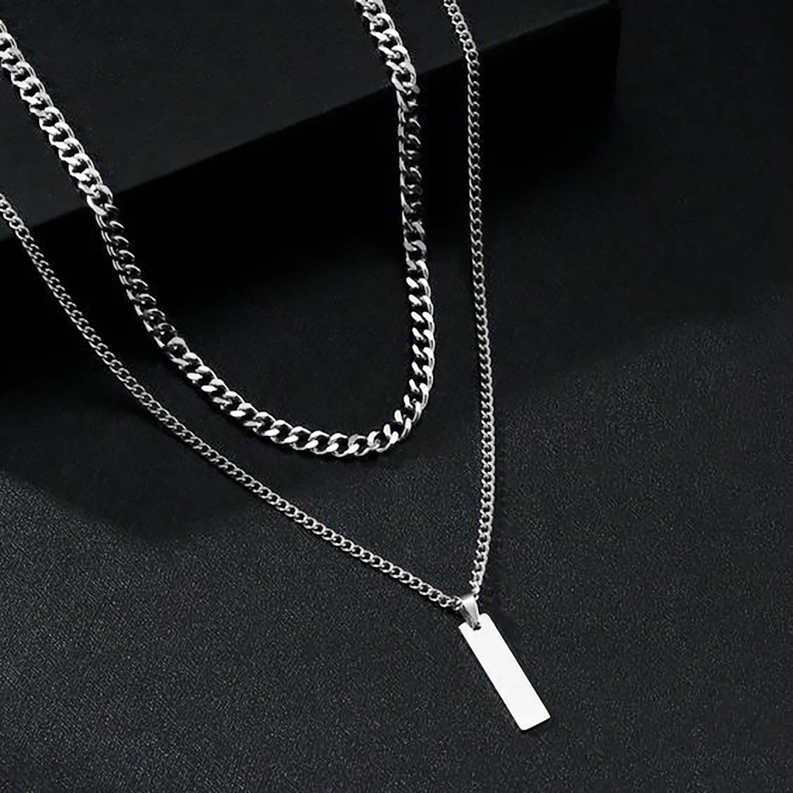 Vnox Stacked 2 pices Mens Necklaces, Geometric Bar Pendant with Box Chain Cuban Chain Rope Chain Necklaces, Classic Collar