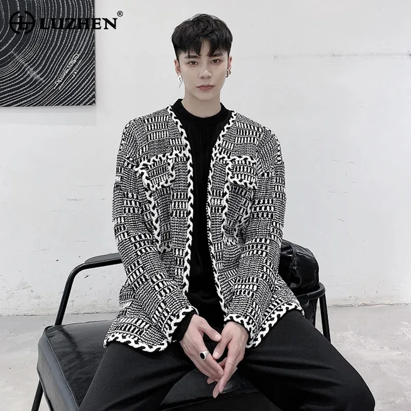 LUZHEN Autumn New Checked Textured Handsome Knitted Cardigan Men Fashion Elegant Casual Sweater Pockets Decorate Clothes JY9559