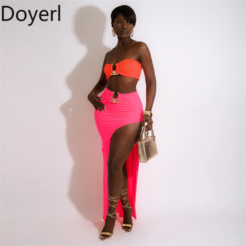 

Сексуальный комплект из двух предметов, женские комплекты платьев, укороченный топ без бретелек для вечеринок и макси-юбки с высоким разрезом, костюмы, полночная одежда для дня рождения