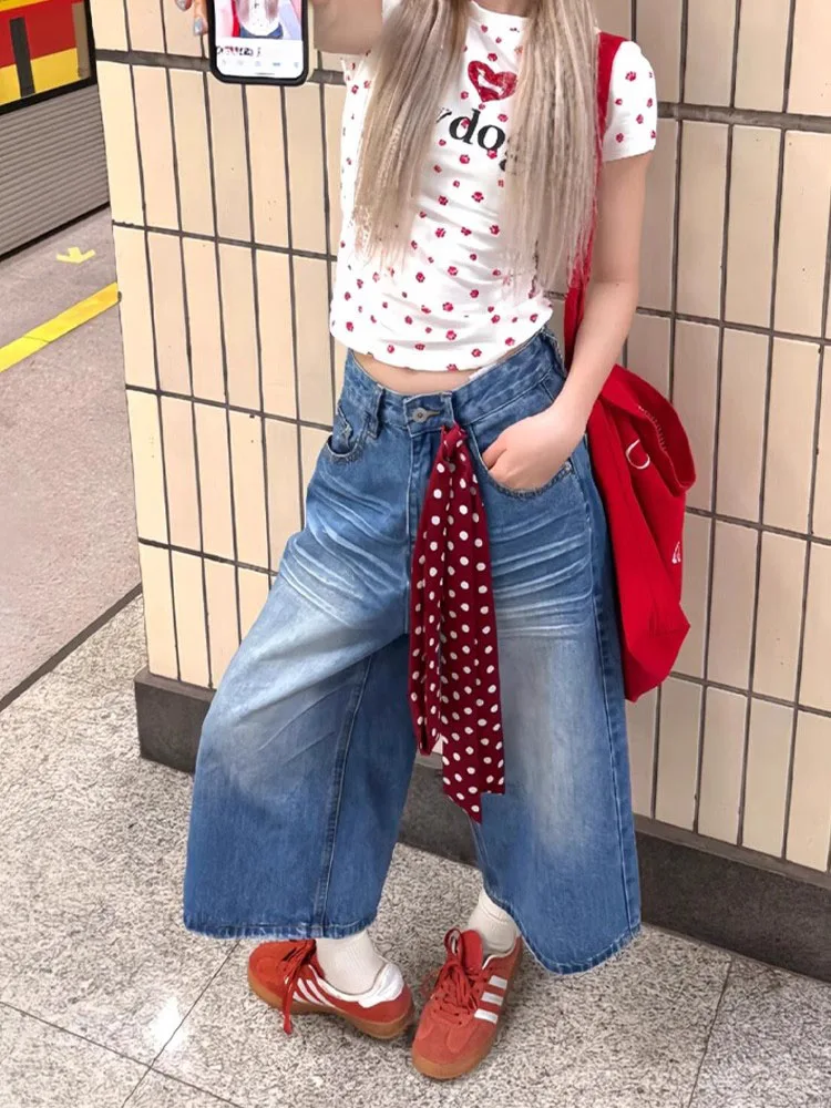 

Широкие повседневные джинсы с высокой талией, женские осенние новые свободные брюки больших размеров, прямые брюки средней длины для похудения