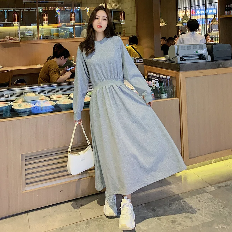 Casual Solid Elastic High Waisted Spring Summer Dress Women Long Sleeves Big Hem Dresses Ladies Basic Black White Long Sundress