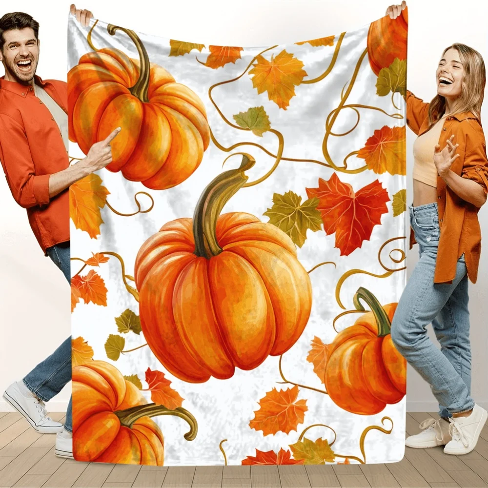 Autumn Pumpkin Watercolor Leaf Berry Harvest Scene Soft Cozy Throw Blanket for Sofa Bed Seasonal Charm