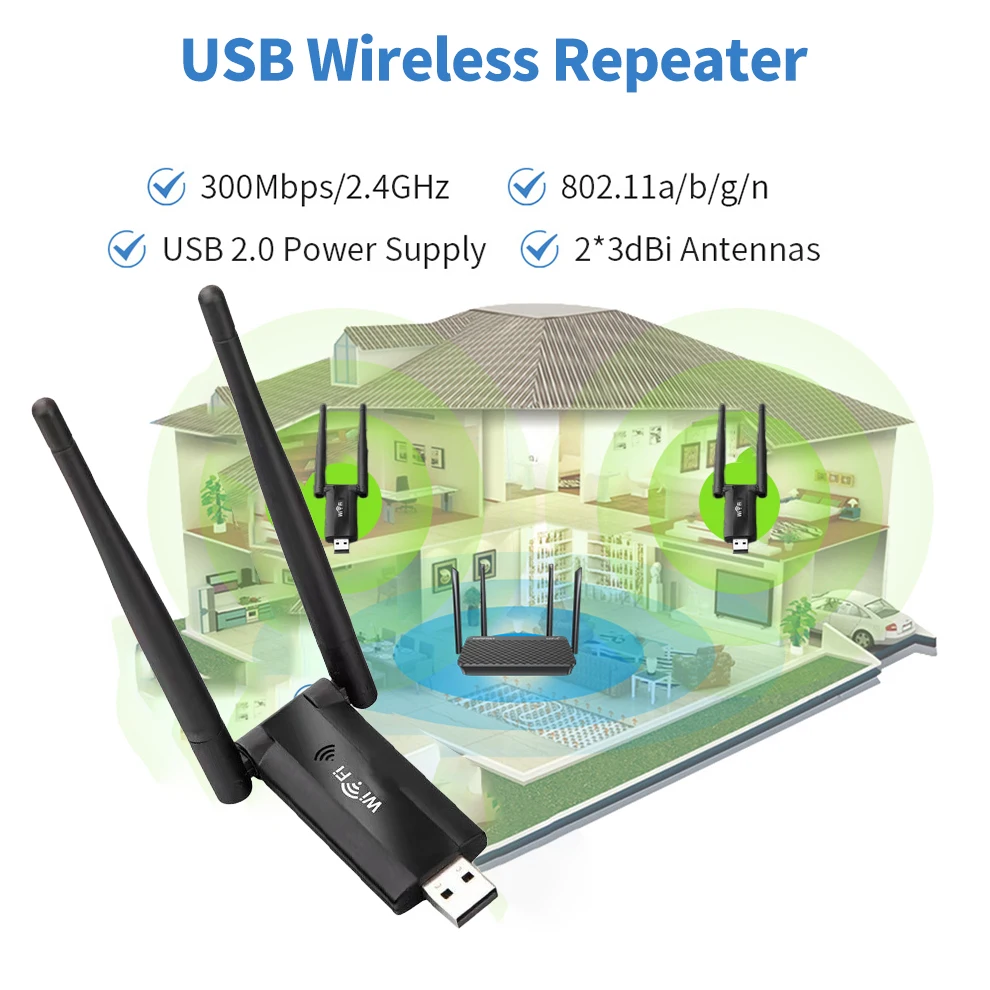 300Mbps Wireless USB Wifi Repeater Extender 2.4G WiFi Signal Amplifier Booster Long Range Wi-Fi Router Home Network Extension