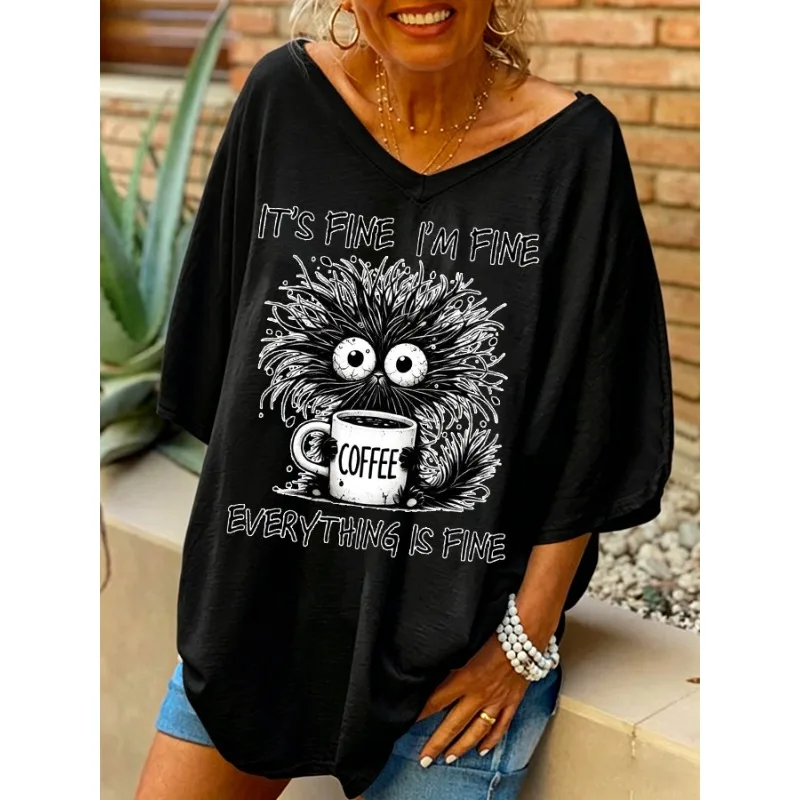 ilstile Women's Everything is Fine Cat Print T-Shirts Summer Short Sleeve Casual Loose T Shirt V Neck Long Tops White Black