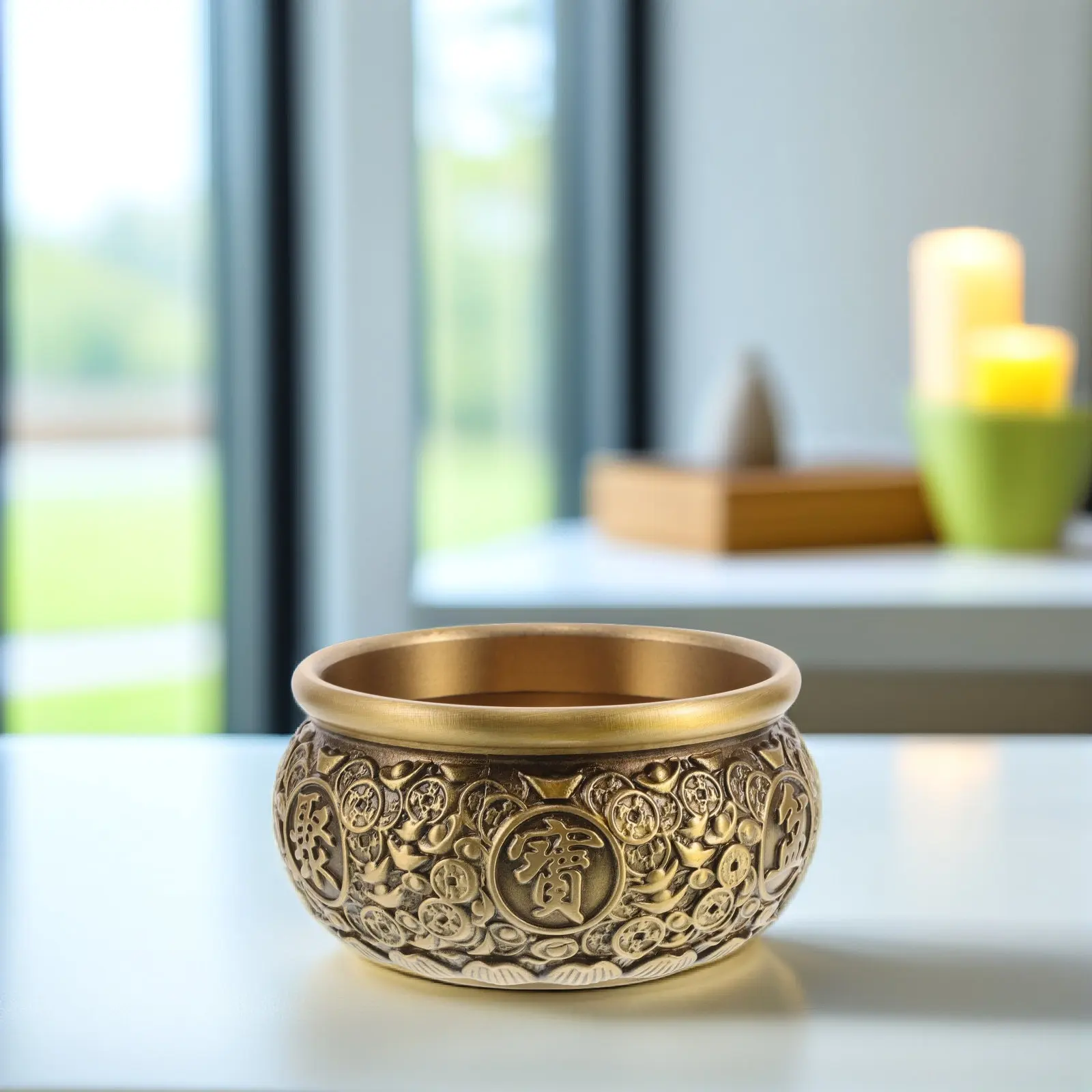 Brass Treasure Basin Vintage Copper Feng Shui Decor Lucky Money Bowl Symbolizing Wealth Accumulation Home Office Decoration