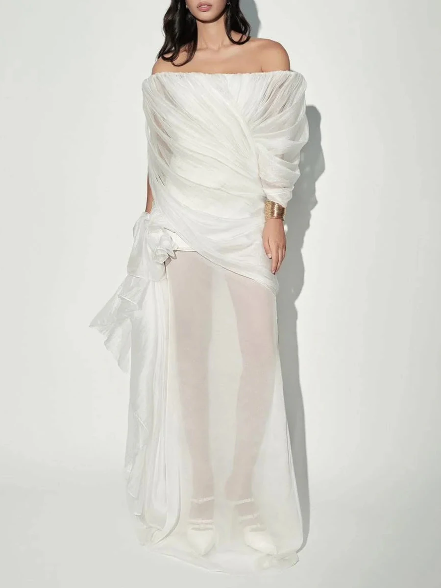 TWOTWINSTYLE Solid Sheer Spliced Folds Elegant Dresses for Women Slash Neck Long Sleeves Temperament Dress Female Clothing New