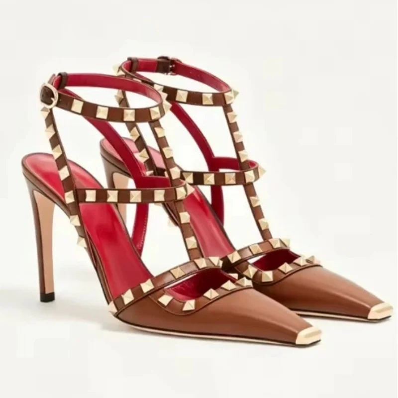 

Breathable Solid Color Women Sandals Square Toe Stiletto Lightweight Female Shoes Large Size Sexy Riveted Fashion Lady Slingback