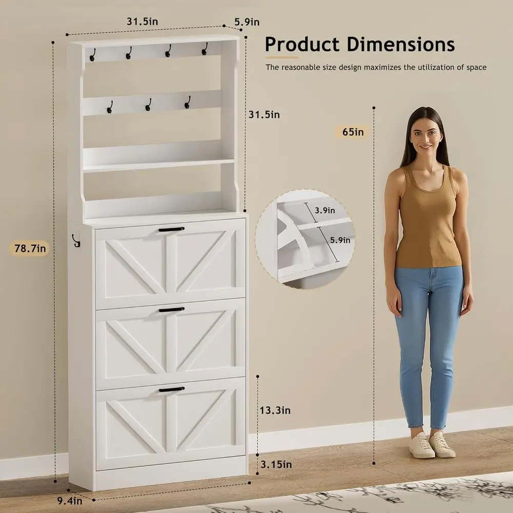 Armário de armazenamento de sapatos que economiza espaço com cabide e 3 prateleiras, branco