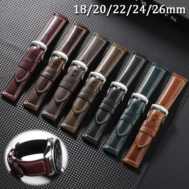 Vintage Oil Wax Leather Watch Band 18/20/22/24/26mm Hand-Stitched Cowhide Strap Quick Release Bracelet Comfortable Wristband