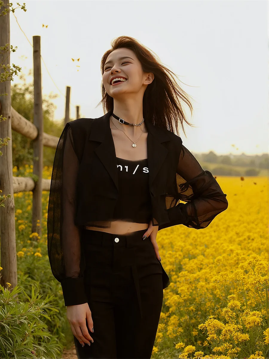 Sonnenschutz, verkürzte, durchsichtige Blazer mit Rückenschlitz, elegante Damenkleidung für Damen, Beflockung, schmeichelhafter Kaschmir, empfindliches Pendeln