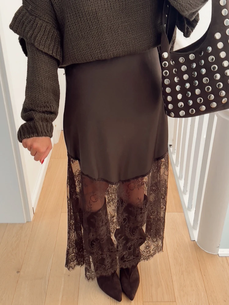 Talenza خمر الدانتيل التنانير النساء البني الدانتيل المرقعة انظر من خلال تنانير طويلة مثير عالية الخصر المجهزة مظهر الحفلات تنورة الإناث #2