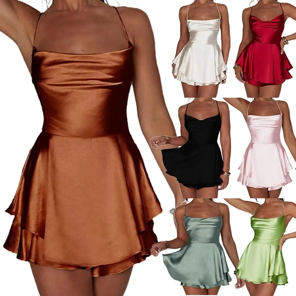 여성용 빈티지 단색 짧은 점프수트, 카울 넥 민소매 새틴 드레스, 백리스 프릴 슬링 플레이수트
