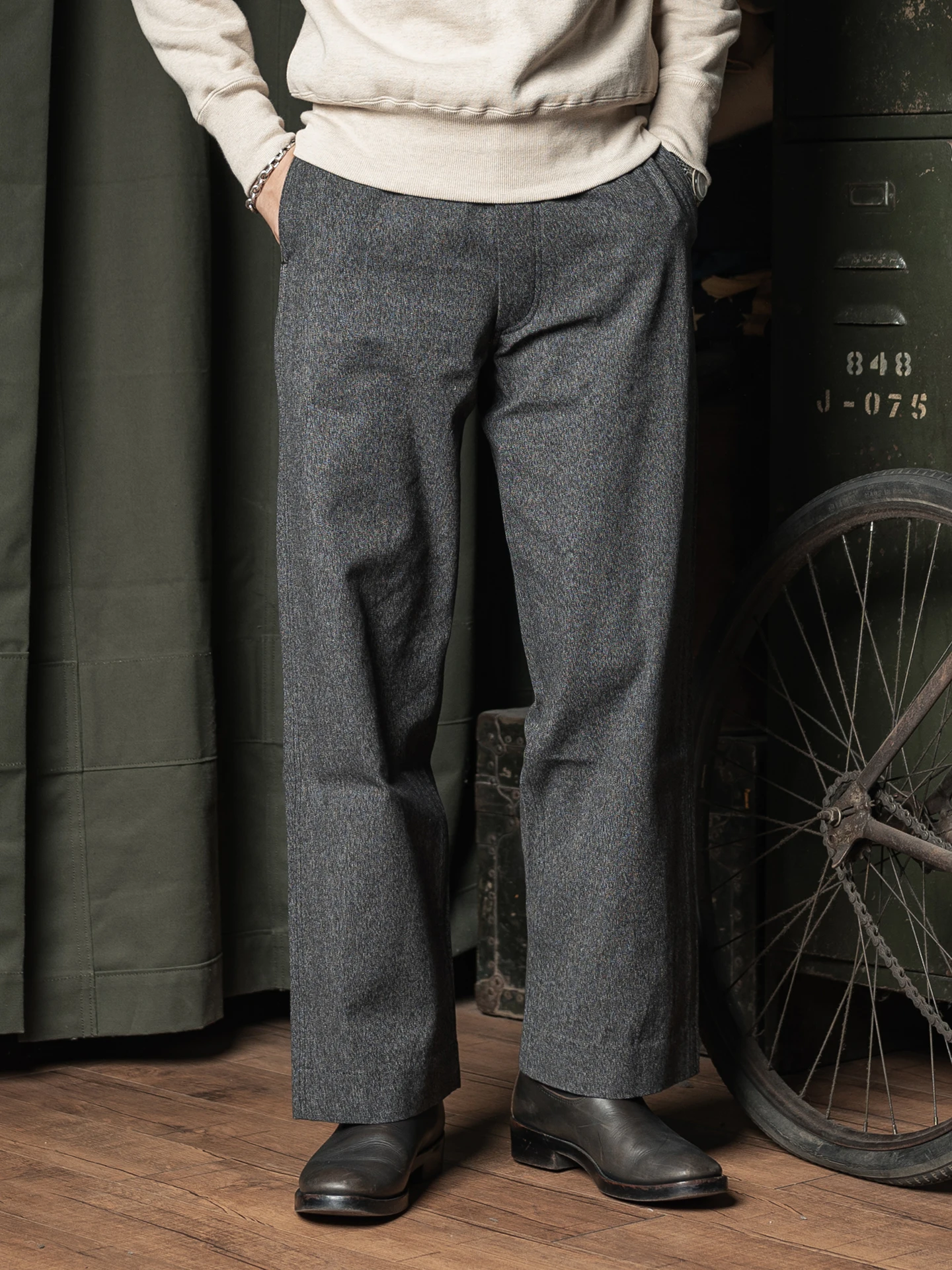 

High Waist Straight Leg Casual Workwear Trousers Bronson Woven Pepper Salt Linen Grey Long Pants Red Ear Casual Leisure Trousers