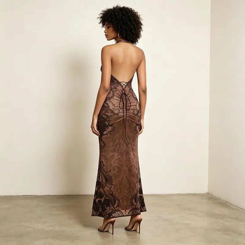 Sexy Backless Rope Drawstring Neck Long Dress Slim Fit Print Summer Women's Bodycon Dress Cross-Border A-Line Skirt