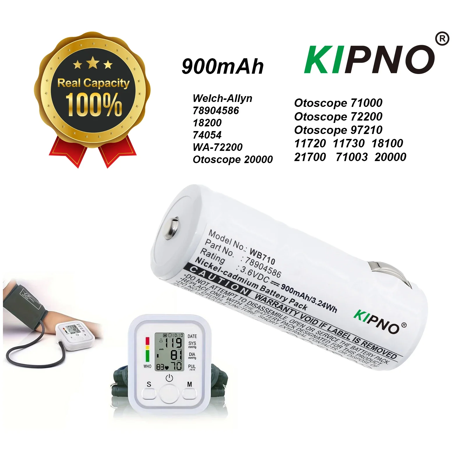 

Replacement Battery for Welch-Allyn 18200,74054,WA-72200,Otoscope 20000,(71000,72200,97210),11720,78904586,Medicalr-900mAh