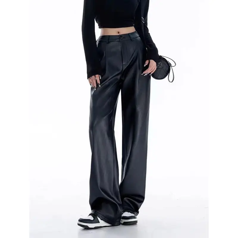 

Real eepskin Leather Pants High Waist Straight Leg Slimming Wide Leg Pants Trendy Casual Trousers for Women