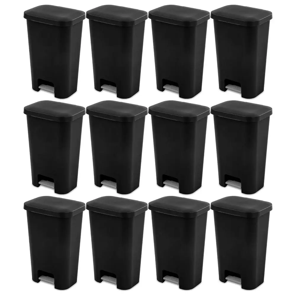 

11.9 Gallon Recular Step On Kitchen Plastic Indoor Wastebasket with Wide Opening Lid and Comort Handle or Home, Black (12 Pack)