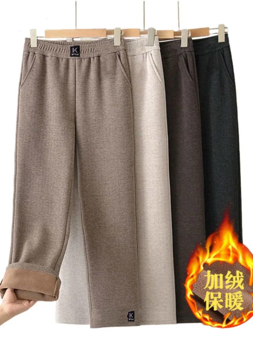 

Утепленные шерстяные брюки прямого кроя для женщин среднего возраста, зимние повседневные брюки с высокой талией, на флисовой подкладке, в стиле Mommy Sle