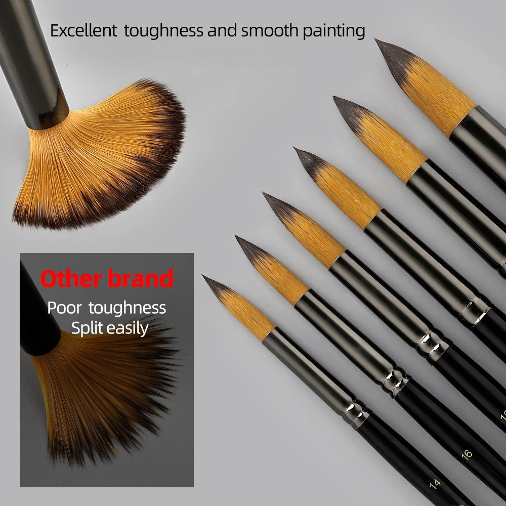 3 Pcs Set Oil Paint Brush Black Copper Tube Nylon Hair Thick Round Head Hook Line Pen Short Birch Rod Gouache Acrylic Art Brush