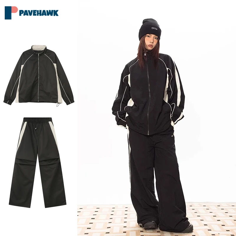 

Осенний повседневный черный костюм для мужчин и женщин, куртка в стиле ретро и лоскутные брюки с широкими штанинами, уличная одежда унисекс, комплекты из двух предметов