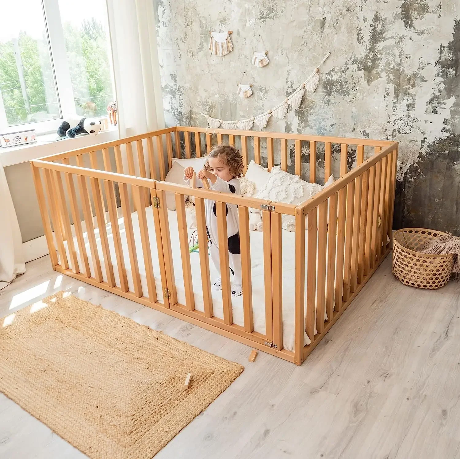 Modern Baby Playpen Solid Wood Montessori Wooden Fenced Safety Baby Beds Rails Fence Customized Color