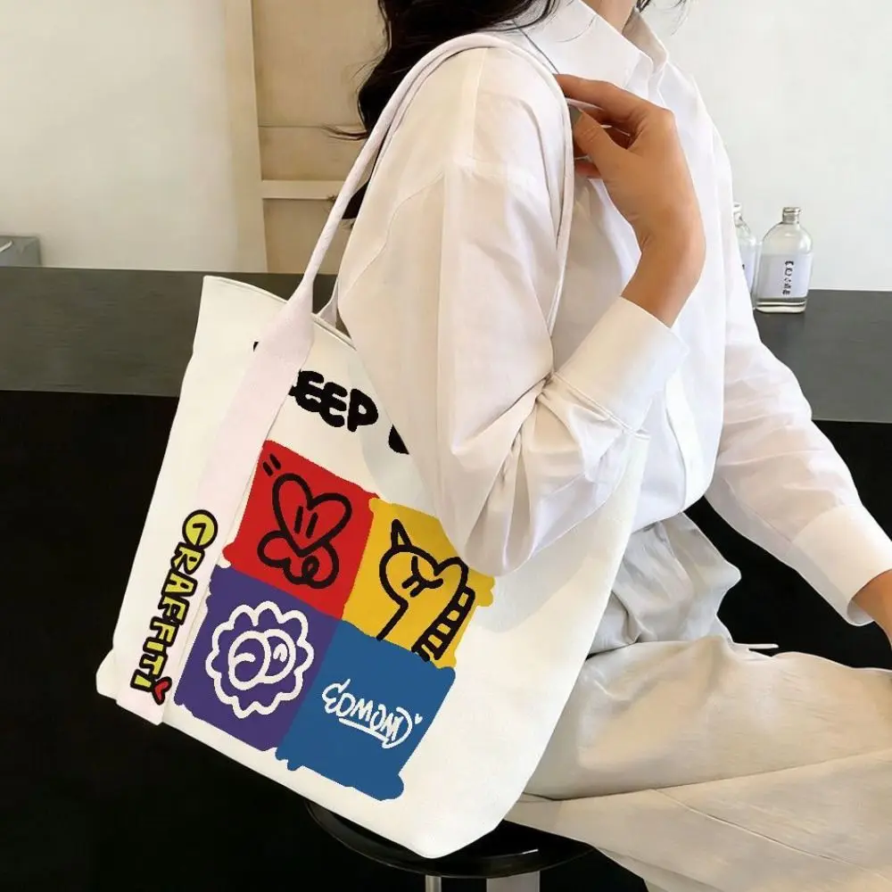Durable Graffiti Style Canvas Bag Large Capacity Reusable Tote Bag Versatile Lightweight Shopping Bag Women's Accessories