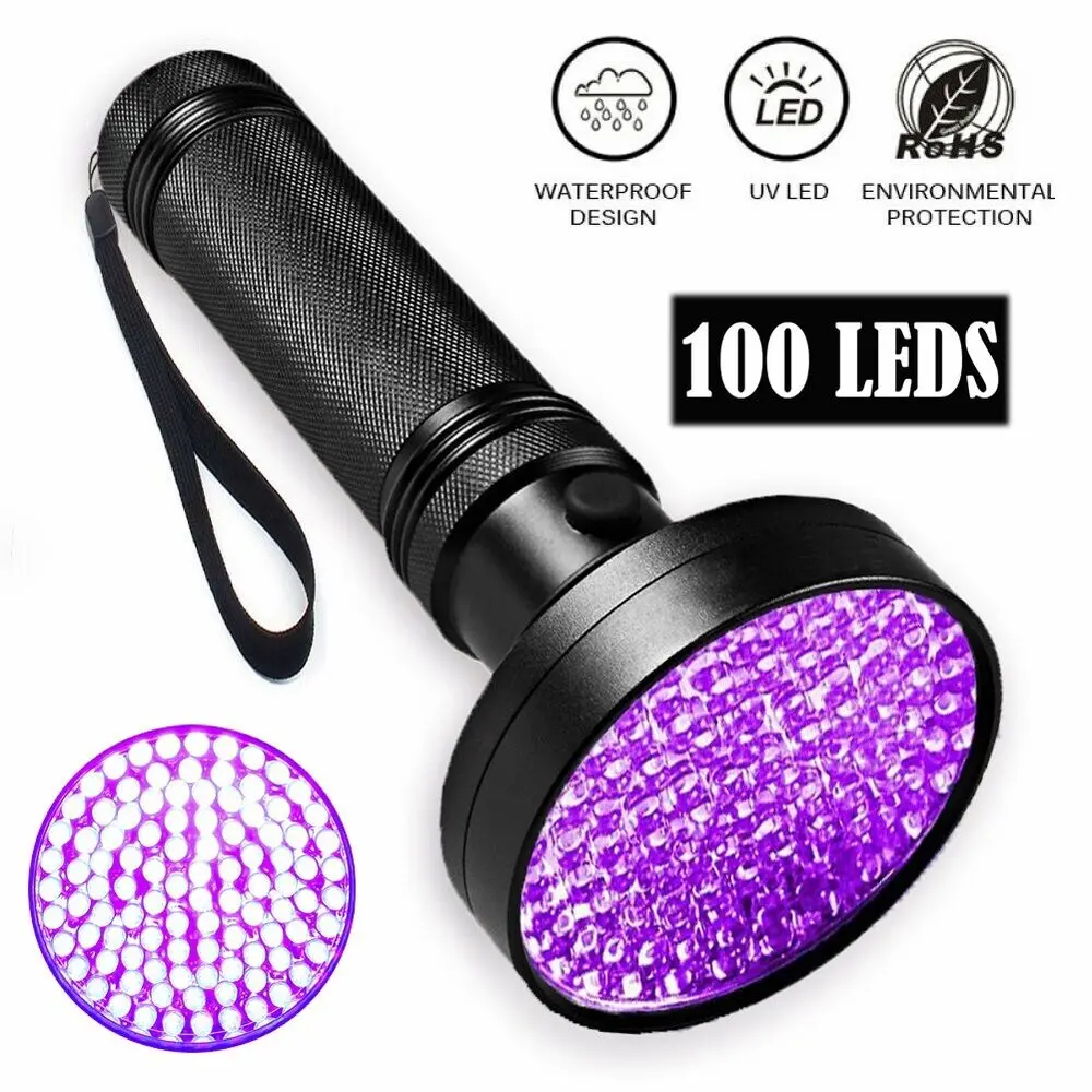 100LED UV Flashlight Ultraviolet Torch Blacklight Detection 395nm Lamp for Dog Cat Urine, Pet Stains, Bed Bugs, Scorpions 6*AA