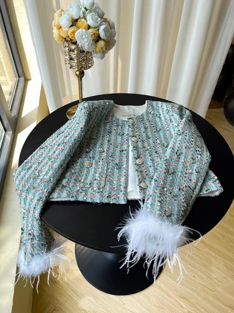 Party Fashion Women Feather Tassel Elegant Tweed Jacket Long Sleeve Single Breasted Beading Sequined Office Ladies Short Coat