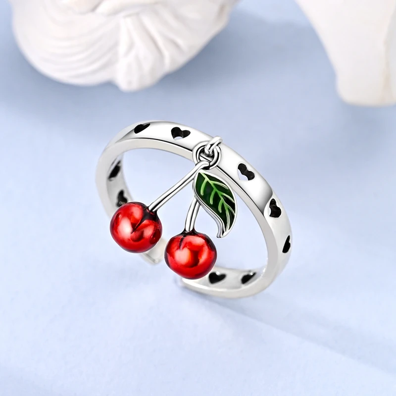 الأصلي 925 فضة الحلو الكرز القلب المفتوحة خواتم للنساء مجوهرات للبنات هدايا المناسبات عيد ميلاد