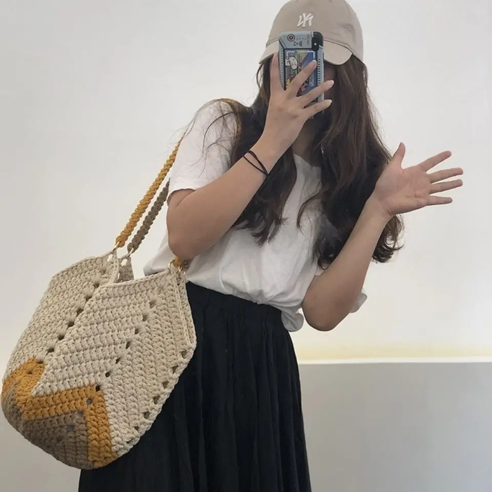 

Finished summer Tiktok same hand woven cloth material bag shoulder bag versatile women's handbag beach bag