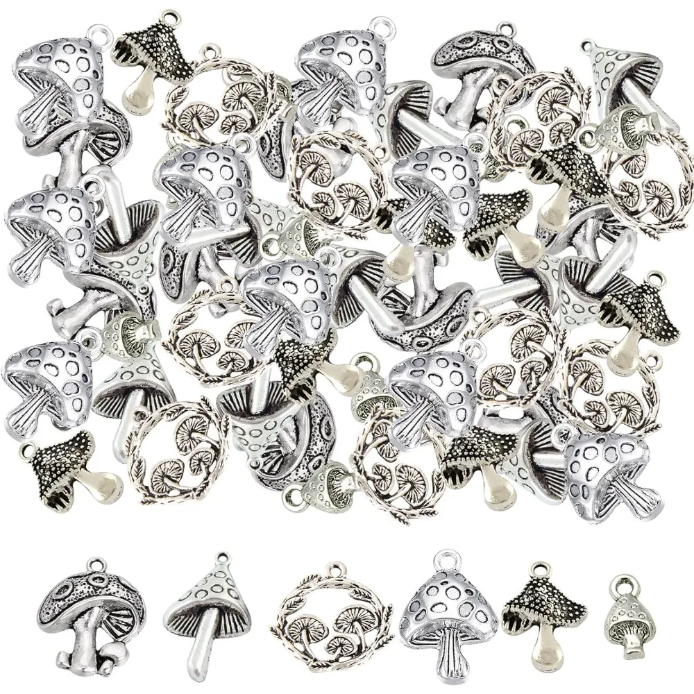 

1 Box 60Pcs 6 Styles Mushrooms Charms Mushroom Charm Plants Forest Charm Bulk Tibetan Style Antique Silver Tiny Charm