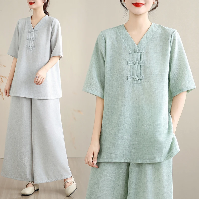 

Комплект для йоги из хлопка и льна: винтажный топ на пуговицах и свободные брюки с широкими штанинами, повседневный комплект из двух предметов, топ с V-образным вырезом