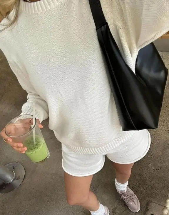 

Two Piece Set Women Outfit 2025 Spring Autumn New Solid Color Round Neck Long Sleeved Sweater & High Waist Casual Shorts Set