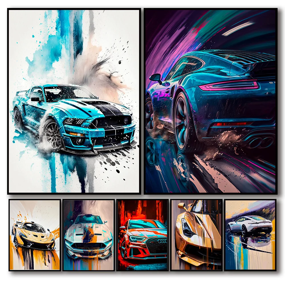 Cartoon Sport Car Watercolor Painting Wall Art, Modern Supercar Race Poster, Home Decoration, Aesthetic Room Decoration