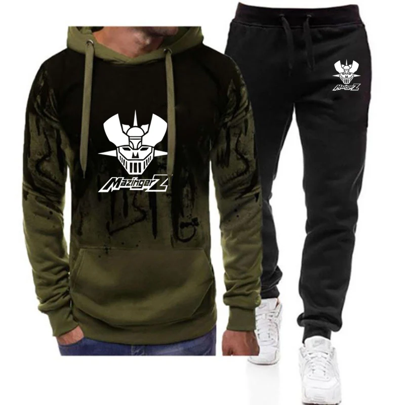 

2025 Mazinger Z Anime Printing Men's Spring Autumn New Harajuku Gradient Color Hooded+Casual Pants Two Piece Suit