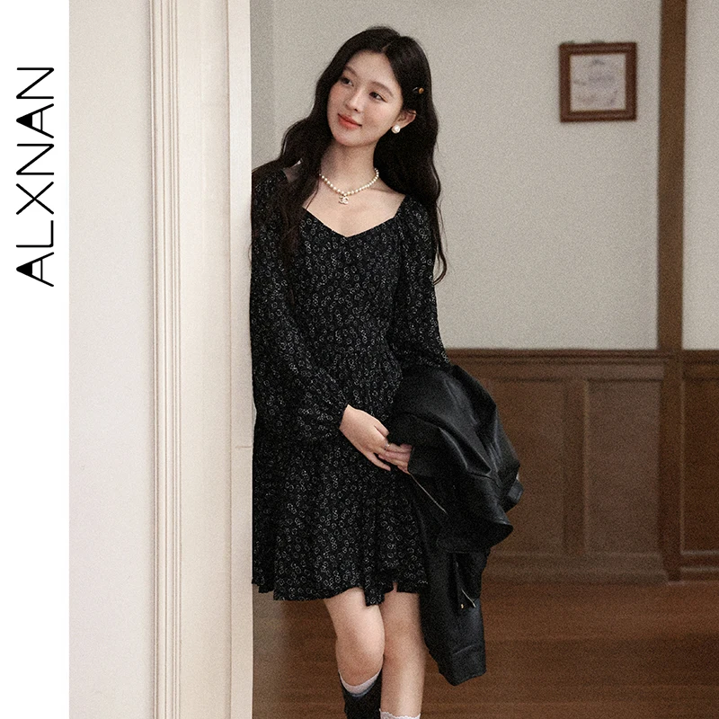 ALXNAN Black Floral Dress Women's Autumn Long Sleeve French Dress 2025 Autumn Holiday Beach Party Casual Female Clothing L57136