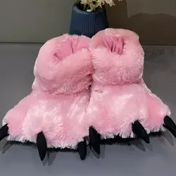 2024 Women's Fulffy Bear Paw Slippers Home Warm Bear Fur Slides Winter Slip On Animal House Shoes