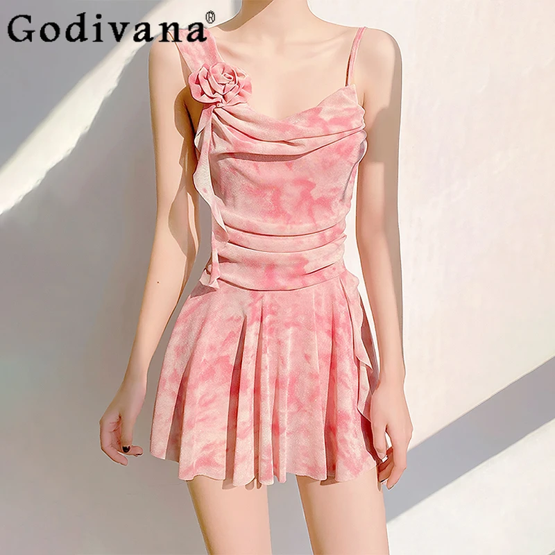 2025 New Sweet Flower Square Collar Irregular Suspender One-piece Swimsuit Girl Summer Slim High Waist Seaside Vacation Swimwear