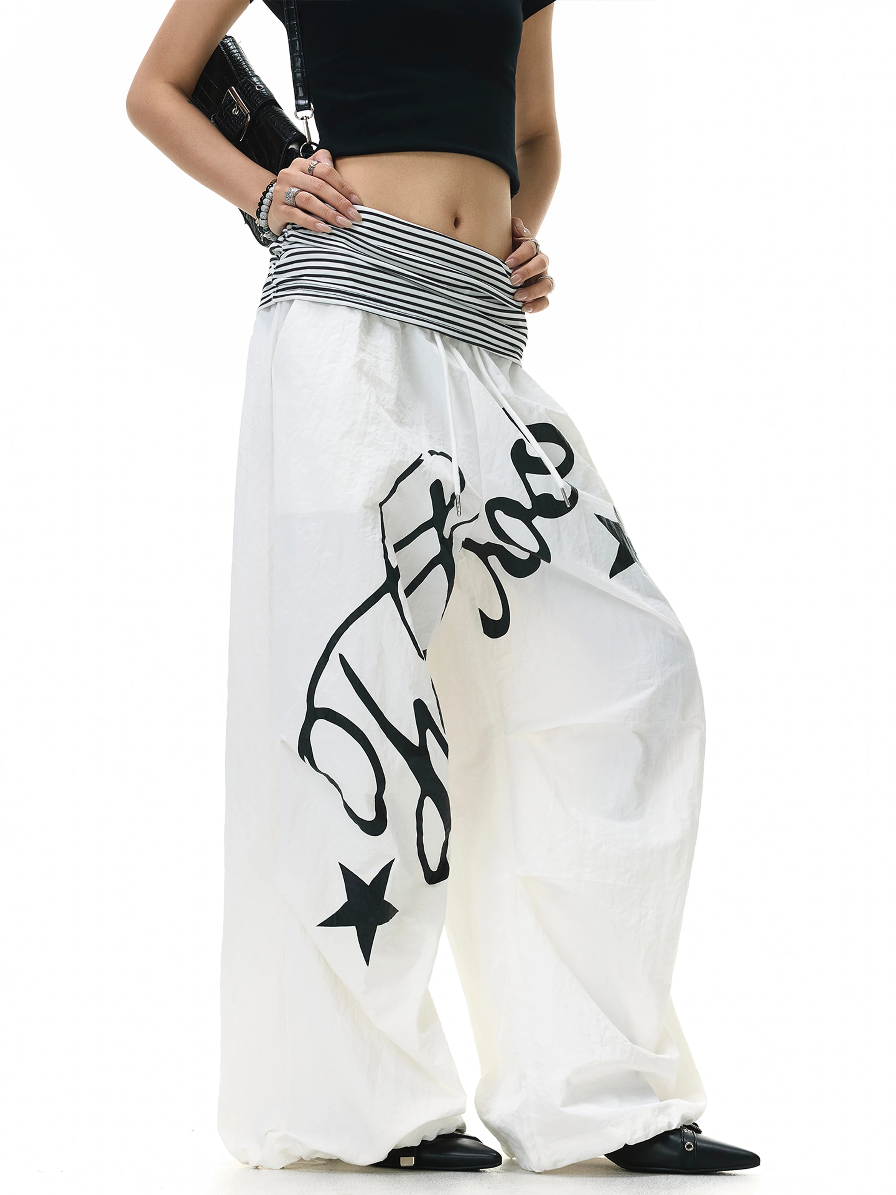 American Lazy Letter Print Splicing Stripe Waist Casual Pants Summer Thin Loose Jazz Dance Paratrooper Pants Wide Leg Pants