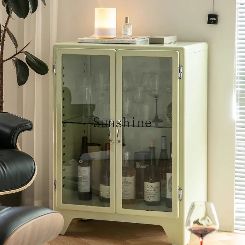 YJapanese-style retro metal glass display, living room storage storage iron sheet, Lego figure cabinet